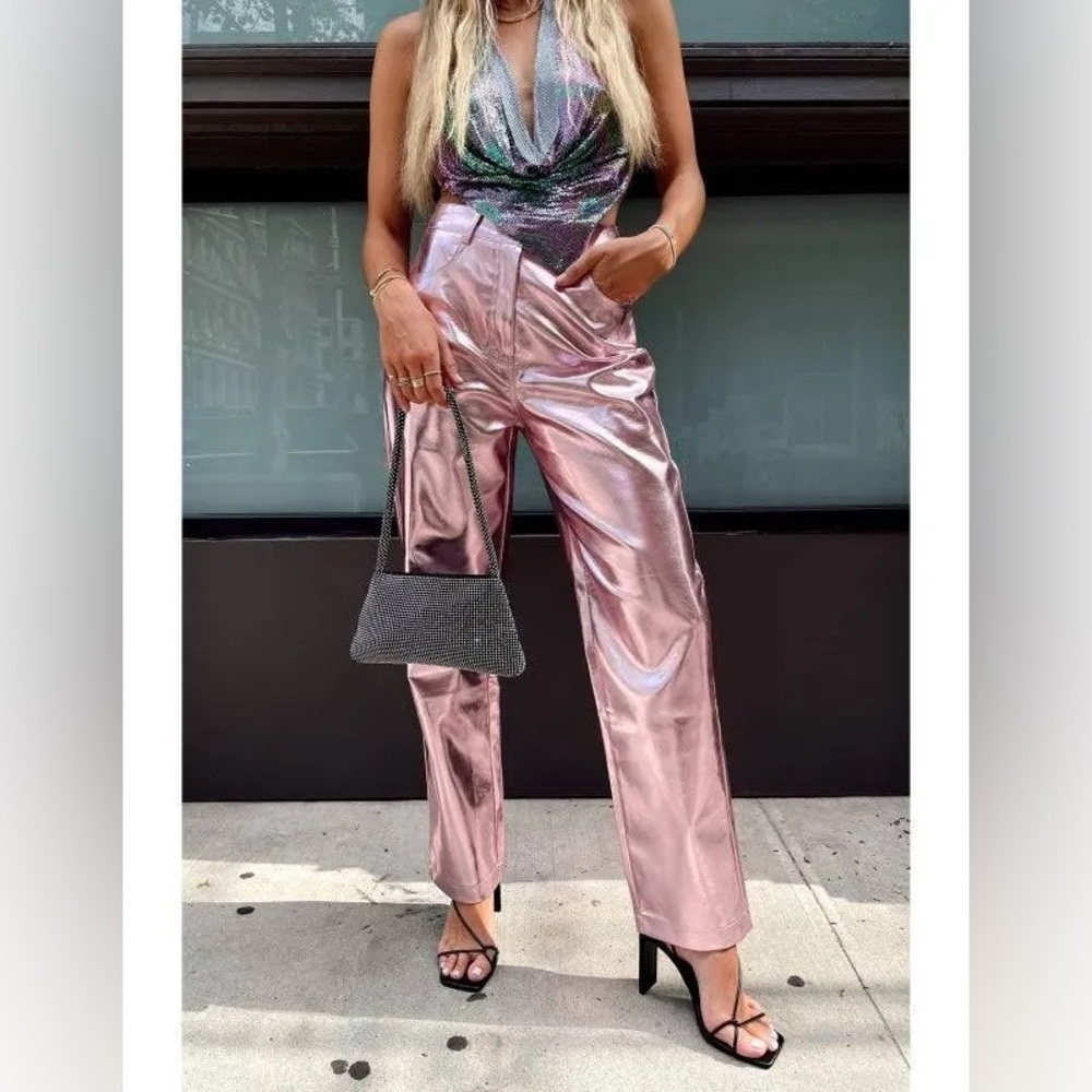 12th tribe Aimmia Metallic Straight Leg Pants Pink